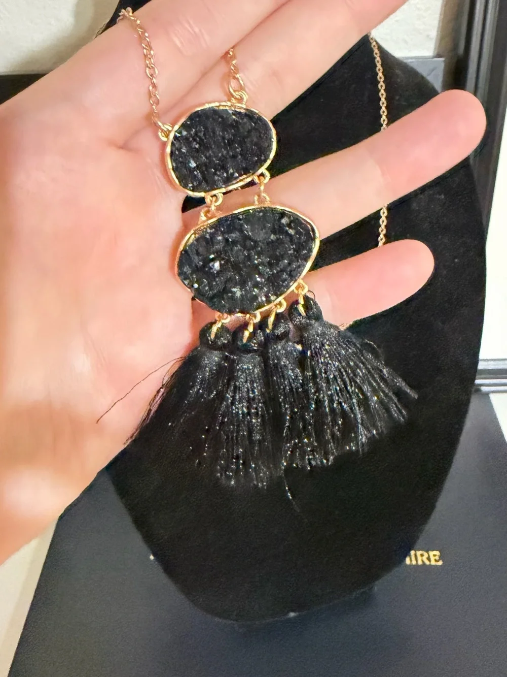Gold-Tone Necklace with Black Stones and Black Tassels